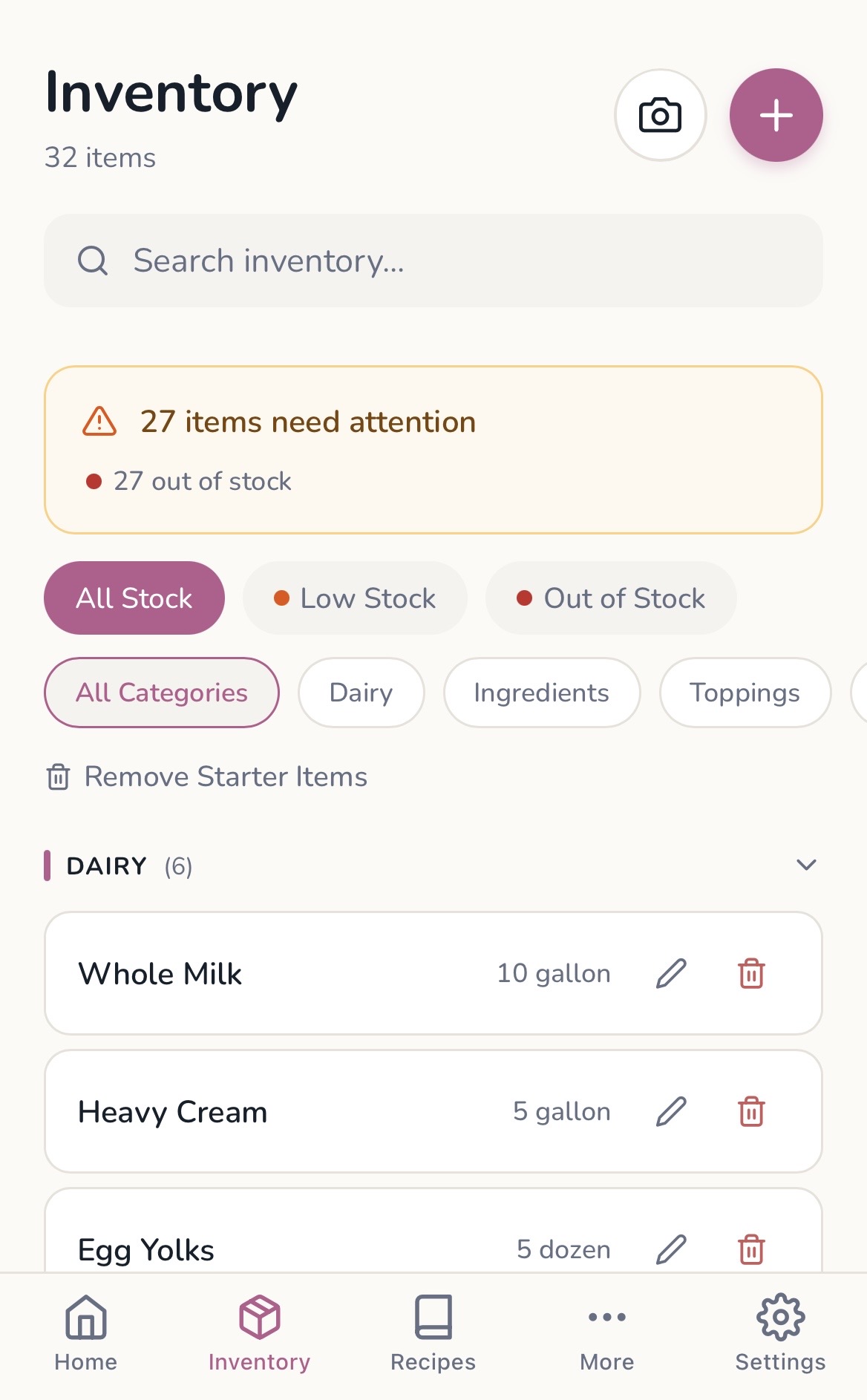 Inventory screen in the Scoops app