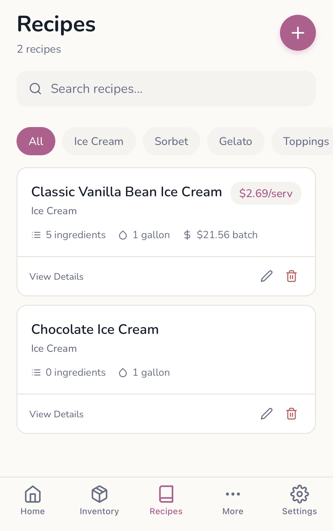 Recipes screen in the Scoops app